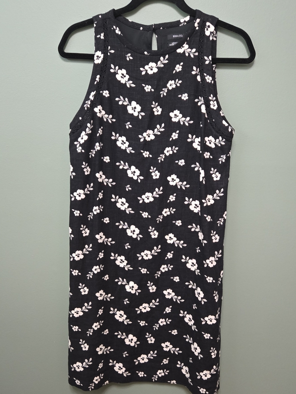 RW& Co Black Floral Linen Blend Sleeveless Shift Dress with Beige Blooms Sz S
